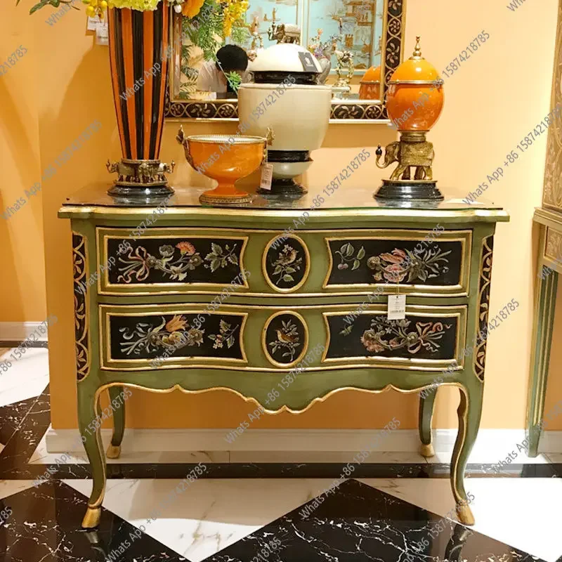 Xx American Rural European French Solid Wood Carving Green Tall Luxury Hand-painted 1 Meter Porch Cabinet Villa Foyer Storage