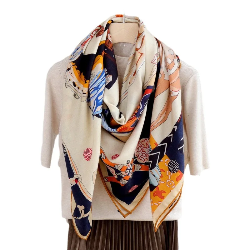 Bufanda con estampado de caballo de lujo para mujer, chales grandes, Poncho, bordes enrollados a mano, Pashmina estola, accesorios de invierno,
