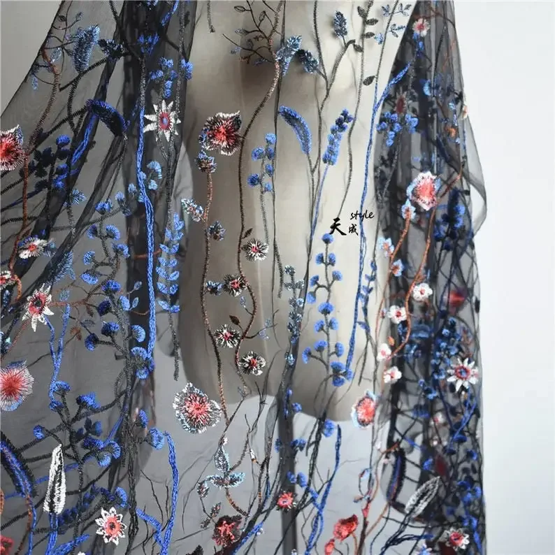 Exquisito tela de encaje bordado con flores azules, tela Floral con flores azules, encaje de boda, tela para vestido de novia, 1 yarda