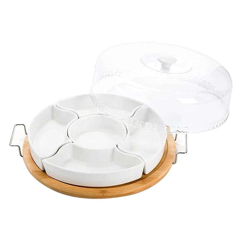 

Ceramic Divided Serving Dishes Platter With Clear Lid, Bamboo Appetizer Tray With Handles 5 Removable Snacks Bowls Durable