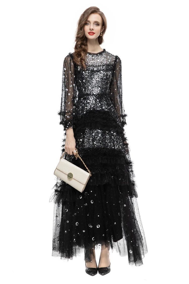 Women's Runway Dresses O Neck Long Sleeves Sequined Tulle Laid Over Elegant Desiger Party Gown Vestidos