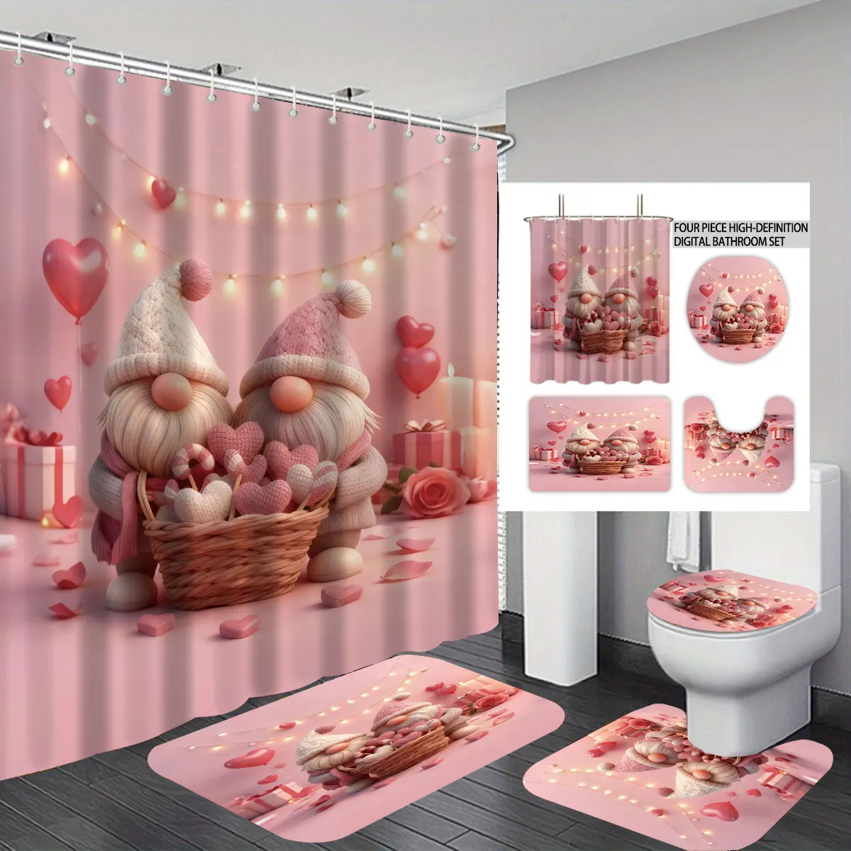 

4pcs Valentine's Day Romantic Love Pink Goblin Printed Bathroom Set Waterproof Shower Curtain Floor Mat Toilet Mat U-shaped Mat