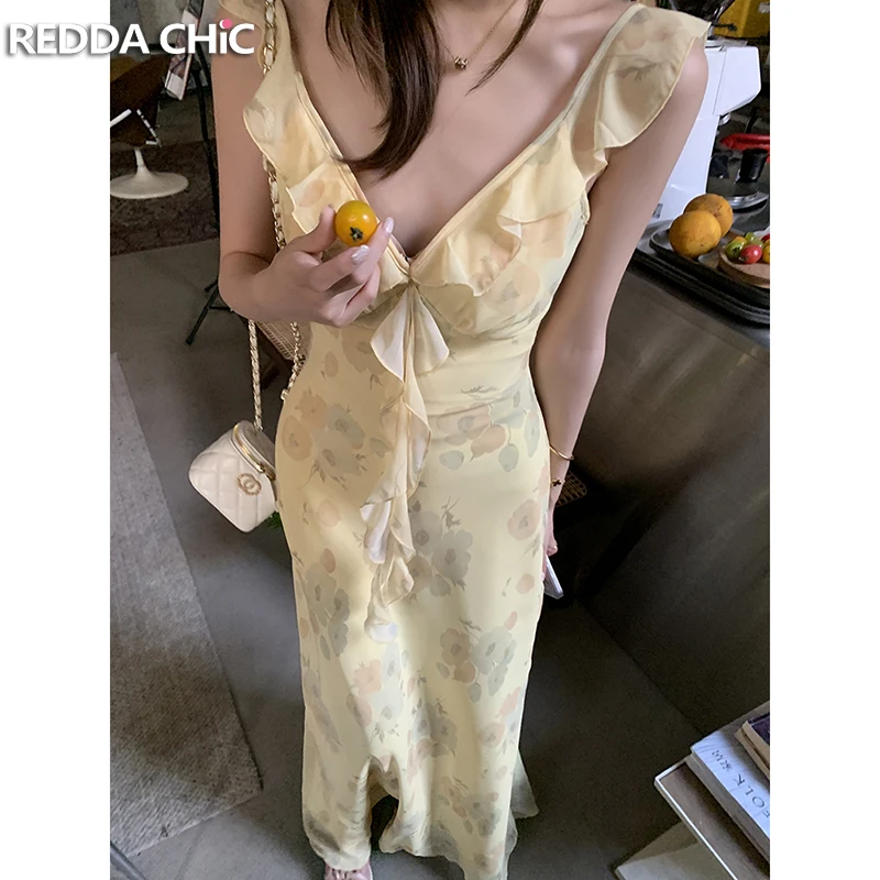

REDDACHiC струящееся платье-бретелька с цветочным принтом и рукавами-крылышками, корсет с v-образным вырезом и рюшами, длинный сарафан макси, пляжный летний отдых, женский цельный