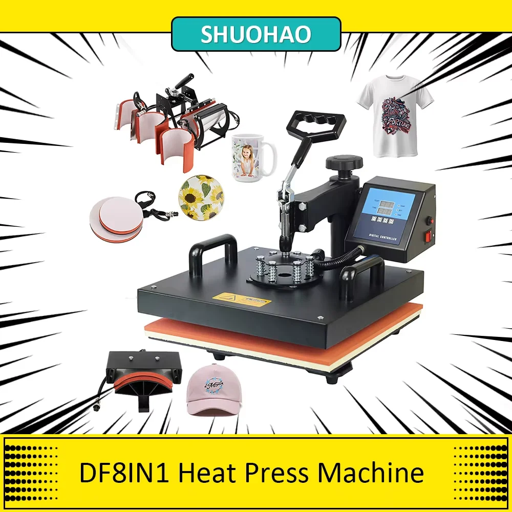 SHUOHAO 8 In 1 Heat Press Machine, 15*15in, Digital Control，For Cap/Bag/Mouse/Pad/Phone Case/Tape/Stickers/Plate/Puzzle/T-shirts