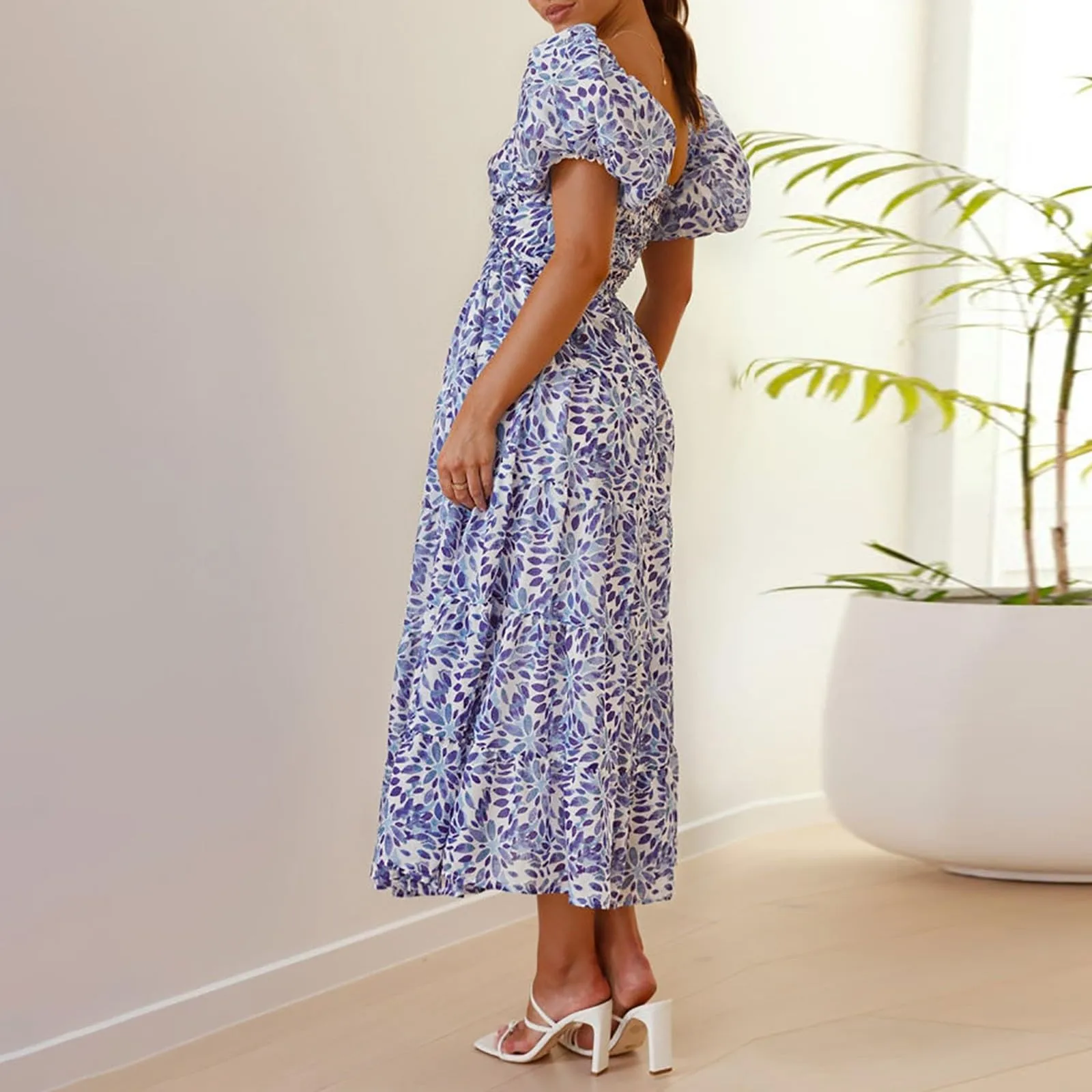 2024 Formele Jurken Voor Vrouwen Poff Mouwen Crossover V-Hals Gebloemde Lange Jurk Casual Zomer Jurk Bloemen Feestjurken Elbise