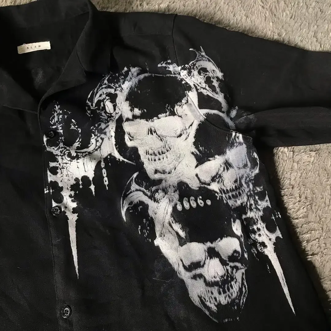 

Y2K New Harajuku Black Long sleeves Shirt Affliction Retro V-neck Shirt Men Skull Holy Writ Skull Printing Tee Fashion Goth Tops