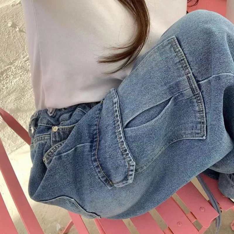 Eeonovni azul denim calças compridas mulheres streetwear cordão design bolsos emendados solto perna larga jeans roupas de moda