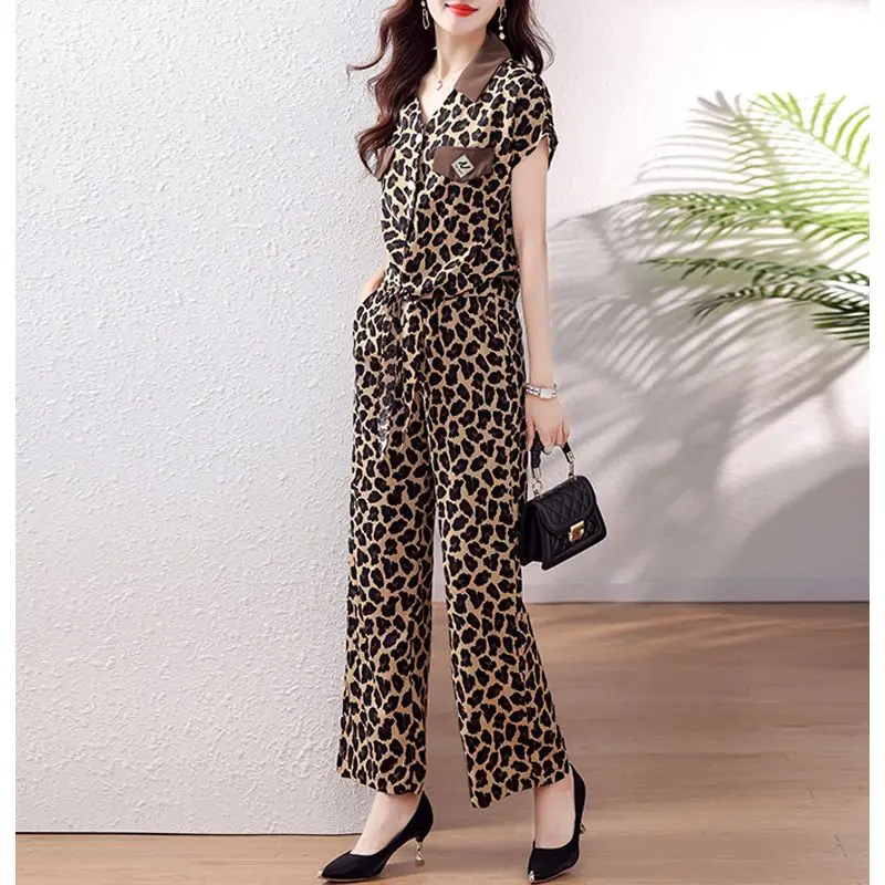 Spring Summer New Fashion Women's Clothing Polo Neck Short Sleeve Jumpsuits Casual Loose Sweat Leopard Print Female Clothes Suit