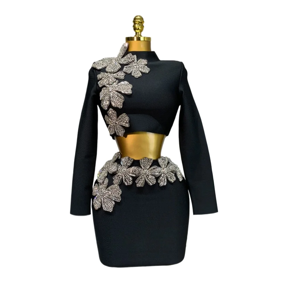 Women Long Sleeves Turtleneck Shiny Crystals Flower Top Mini Skirts Two Piece Sets Evening Club Party Costume