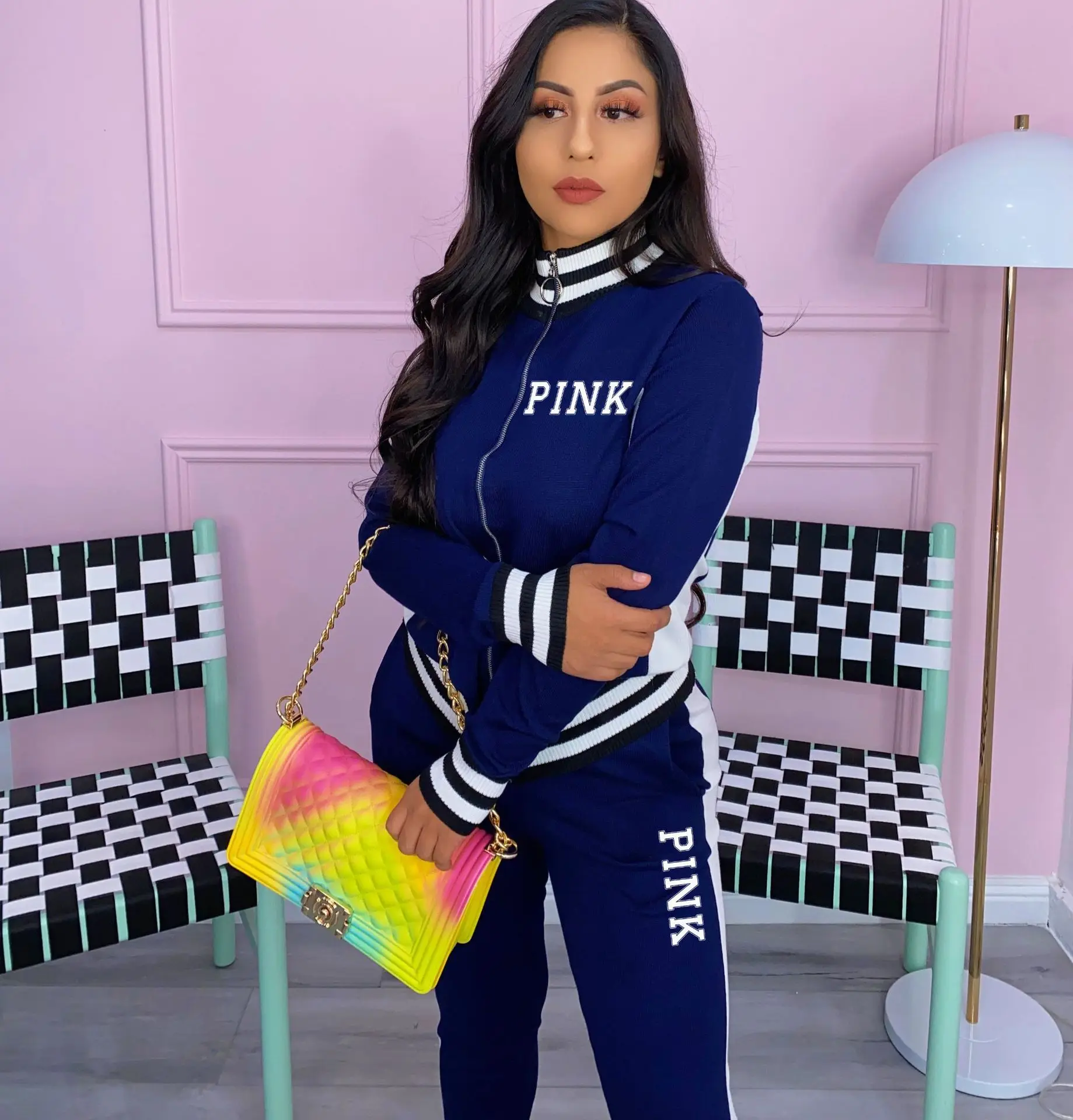 Long Sleeve Women Casual Set Two Piece Loose Pants Top Printed Letter Ladies Clothes Zipper Pink Series Tracksuit 2023 Autumn