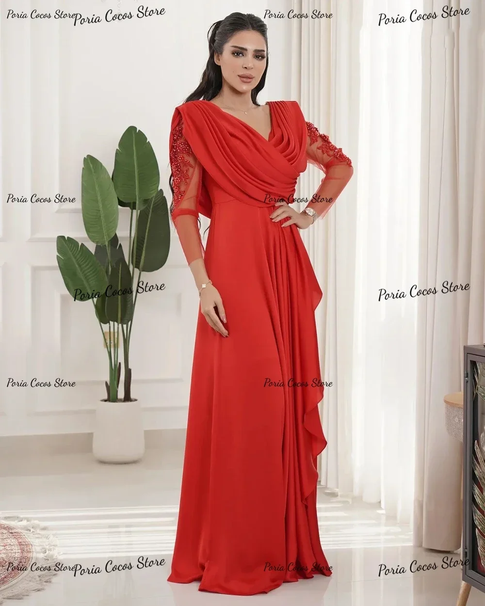 ثوب مسائي رقبة على شكل V وأكمام طويلة من الدانتيل على شكل حرف a فستان الحفلات فساتين شهرة فخمي فساتين للحفلات الراقصة