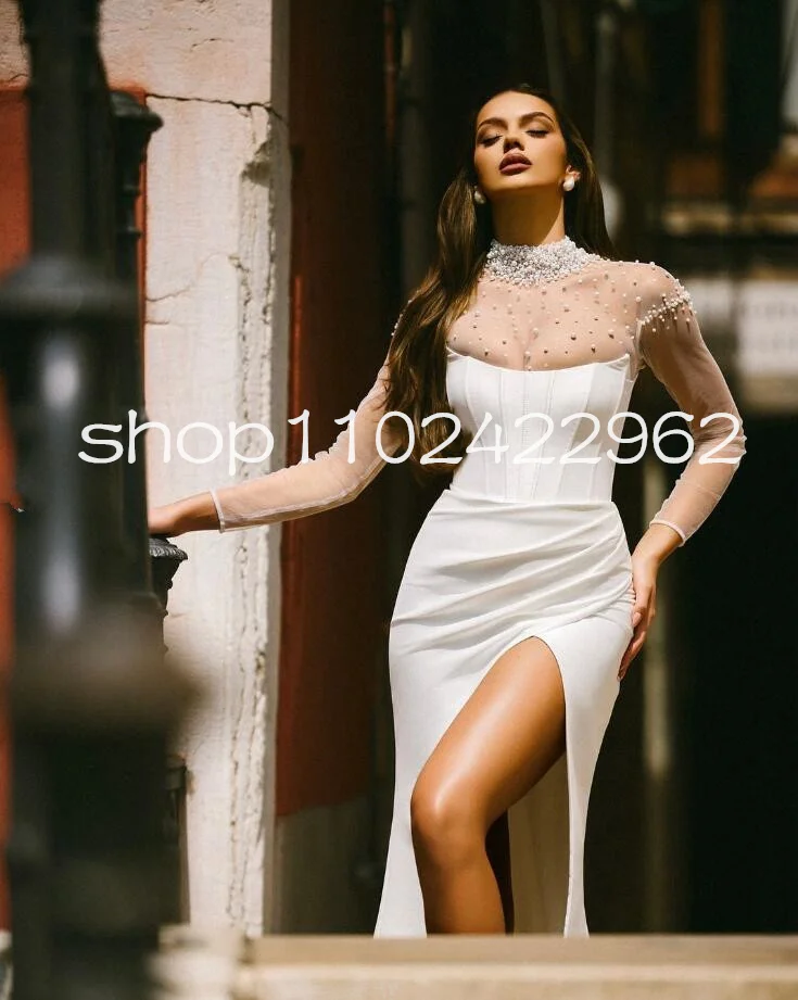 Illusion Long Sleeve Garden Wedding Dresses 2025 High Neck Pearls Sexy Slit Mermaid Bridal Gown Outfit Customsized