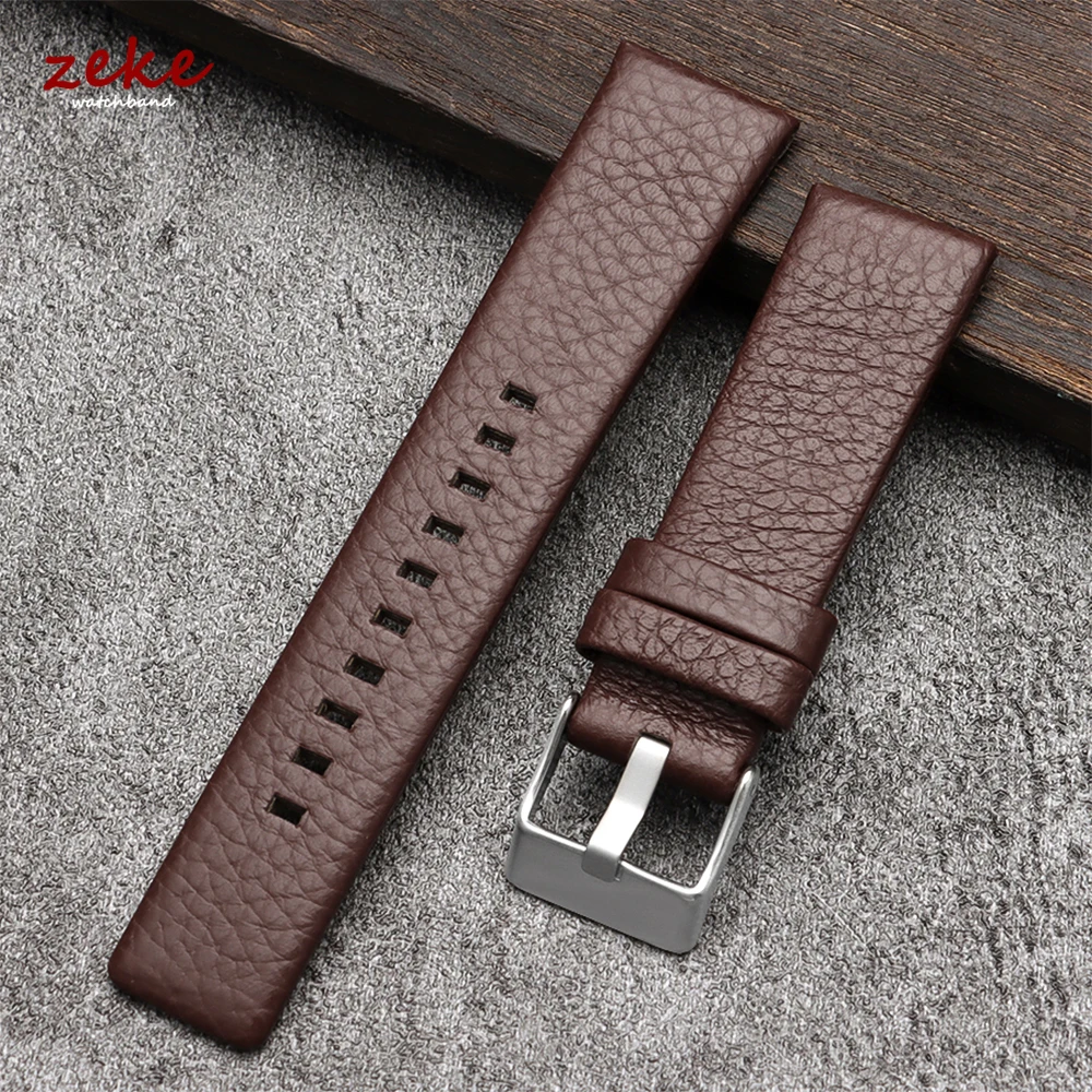 18 mm/22 mm/24 mm/26 mm/27 mm/28 mm/30 mm/32 mm braunes Rindsleder-Uhrenarmband für Diesel-Uhrenarmband aus genarbtem Leder mit Lychee-Textur