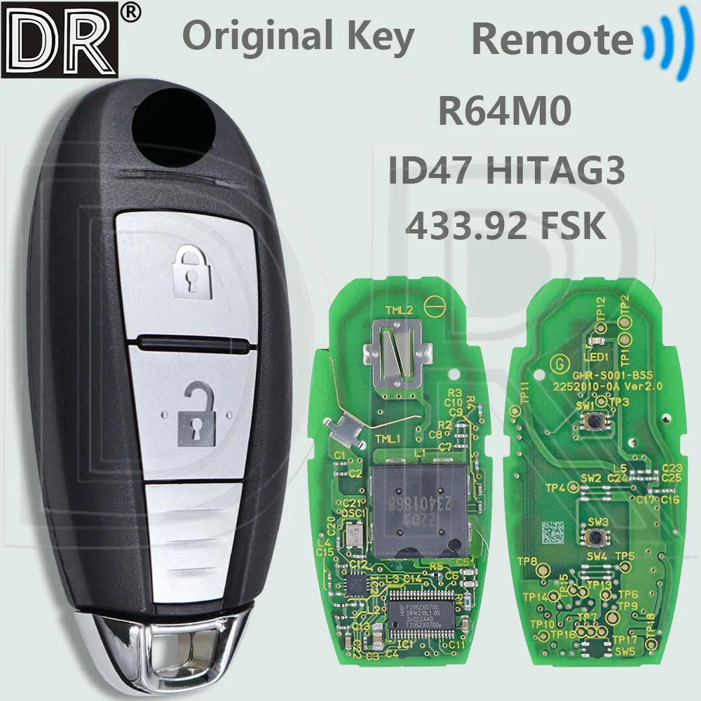 DR R64M0 Original ID47 HITAG3 PKE Chip 433MHz Proximity Smart Car Remote Key For Suzuki Vitara 2015-2019