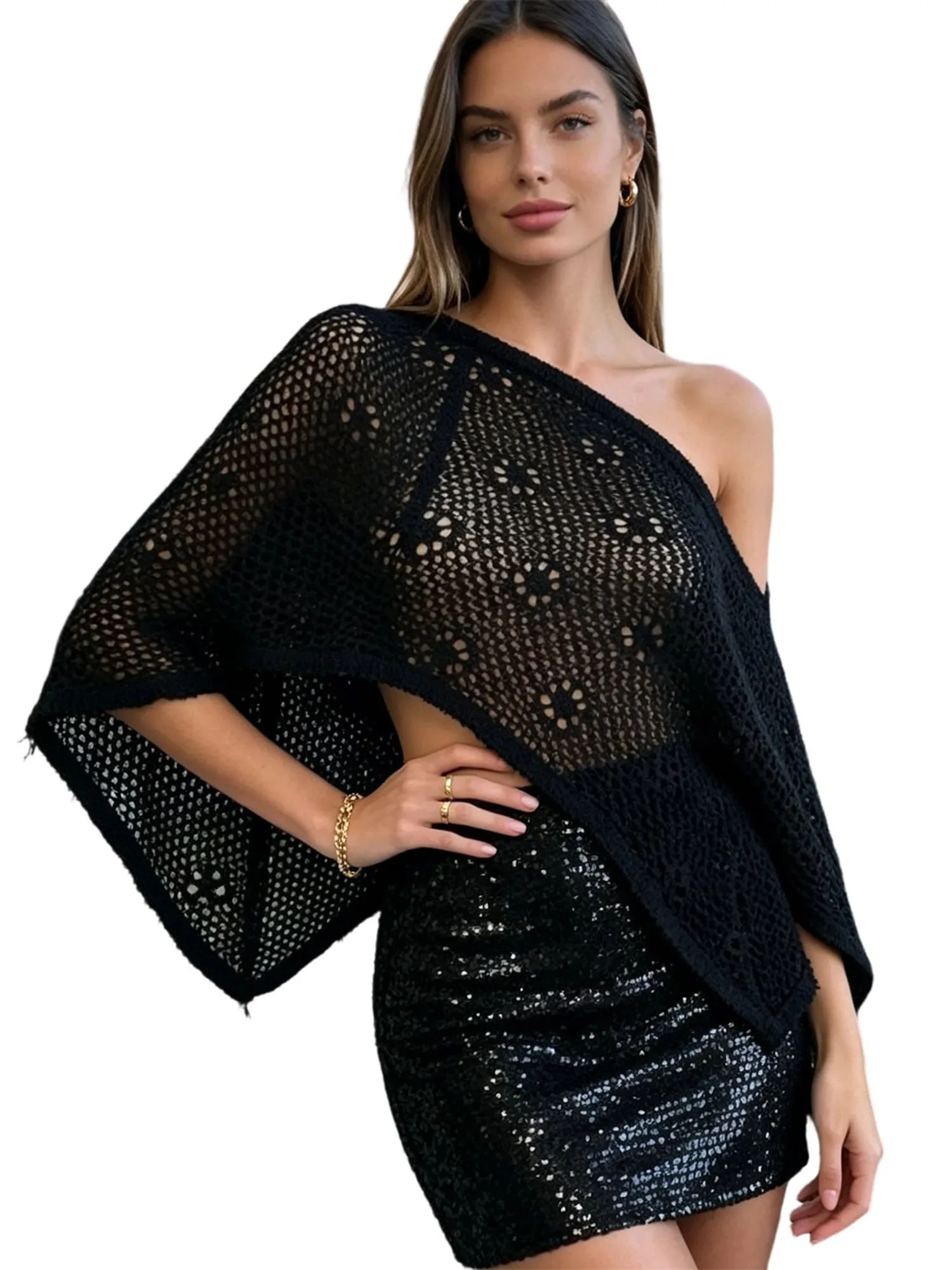Women s Crochet Knit Ponchos Off Shoulder Asymmetrical Coverup Sweater Tops