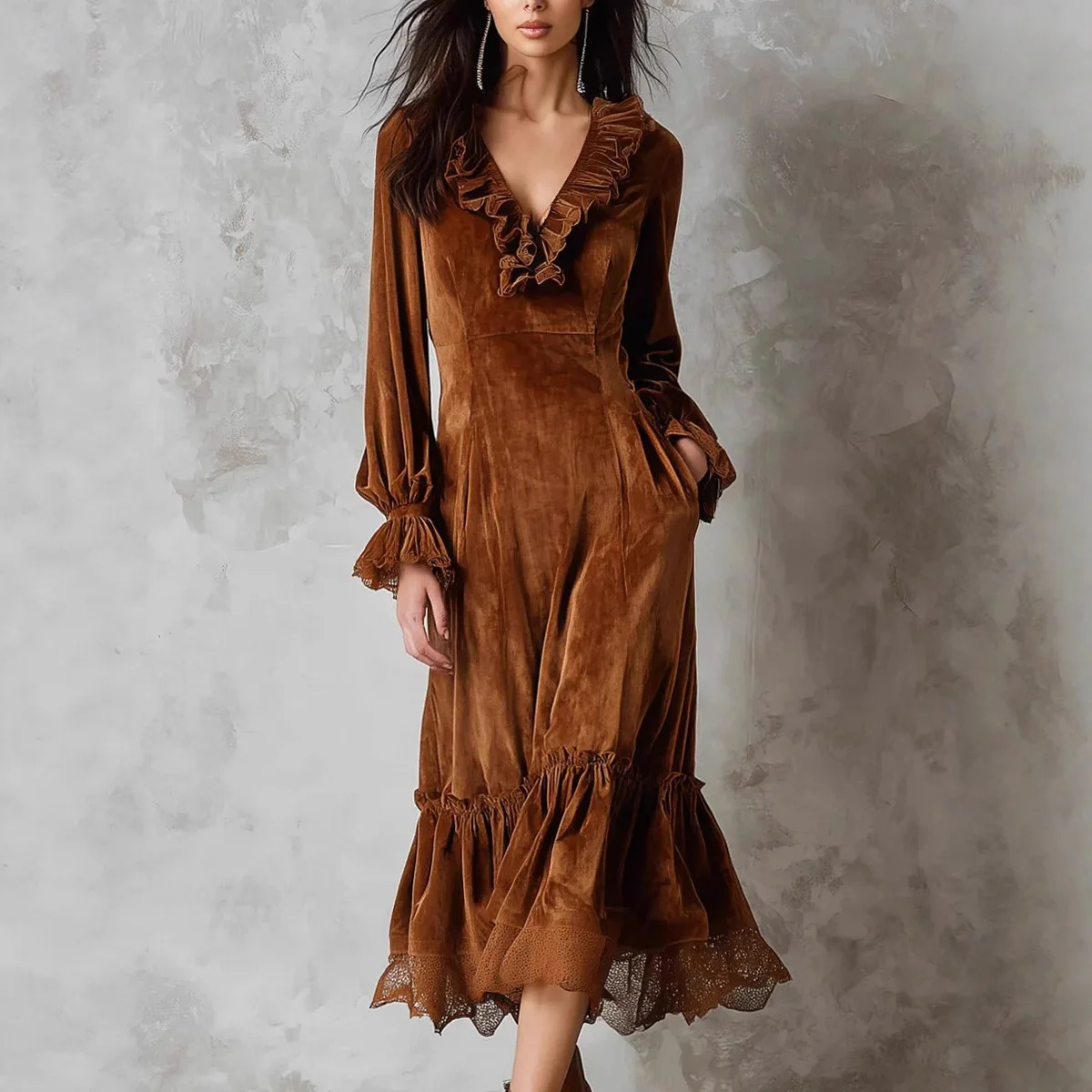 فساتين نسائية 2025 فستان ماكسي عتيق مخملي برقبة على شكل حرف v مكشكش من الدانتيل مقسم بقصة ضيقة للنساء فساتين حفلات أنيقة للخريف والشتاء #5