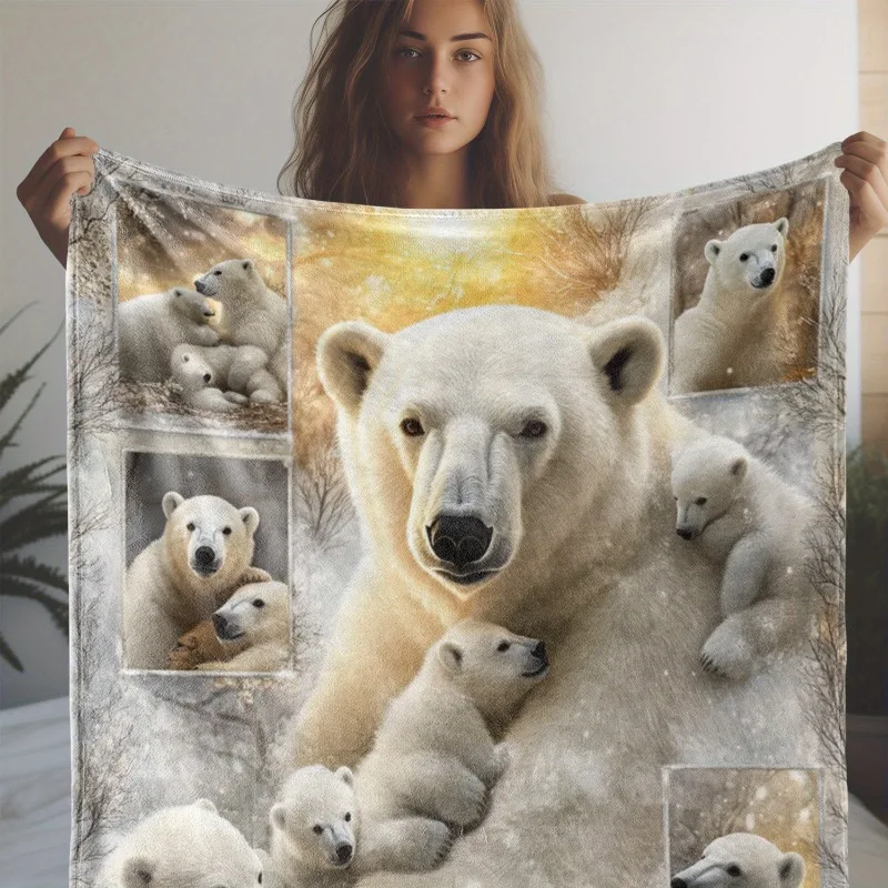 [Gemütliche Ganzjahres-Geschenkdecke] Gemütliche Vintage-Eisbär-Karo-Flanelldecke – weicher, warmer Überwurf für Couch, Bett, Auto, Büro