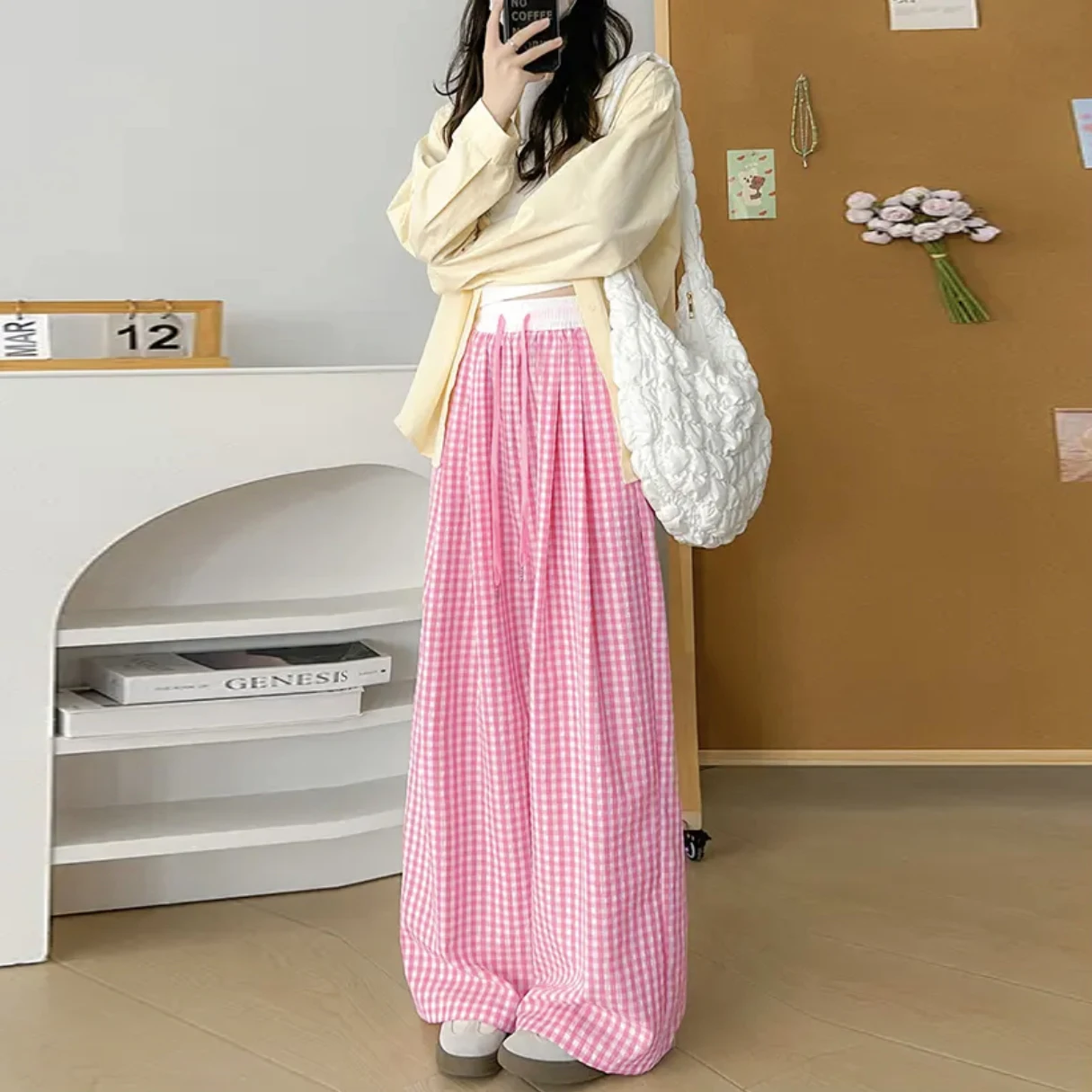 Dopamine Wide Leg Checkered Pants Drawstring High waist Women Summer Loose Casual Long Pant Pink Sweet Trousers Clothes Thin New