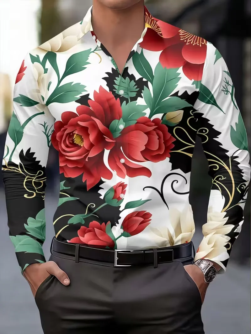 New Men's National Style Peony Flower Printed Long Sleeve Shirt Retro Plant Flower Collar Button Men's Shirt