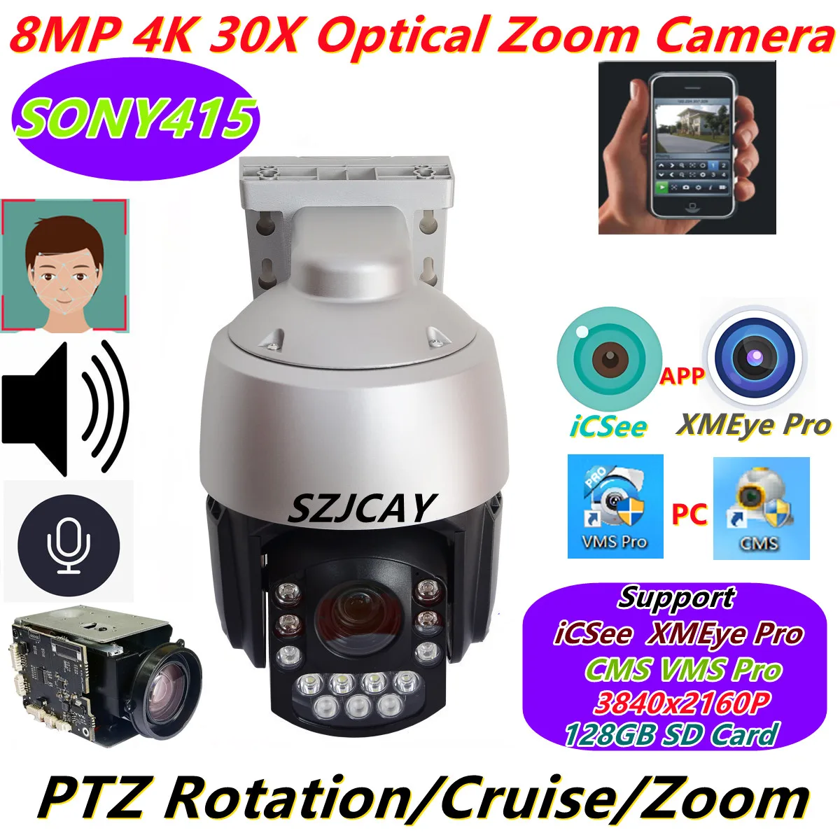 كاميرا iCSee XMEye pro SONY415 4K POE عالية السرعة قبة PTZ IP خارجية 30X زووم بصري AI كشف الوجه/كشف 8 ميجابكسل كاميرا CCTV #1