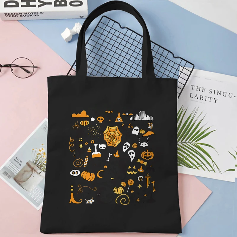 Canvas Tote Bags for Women Funny Halloween Print Handbags Spooky Boo Pumpkin Graphic Reusable Foldable Shopping Shoulder Bag