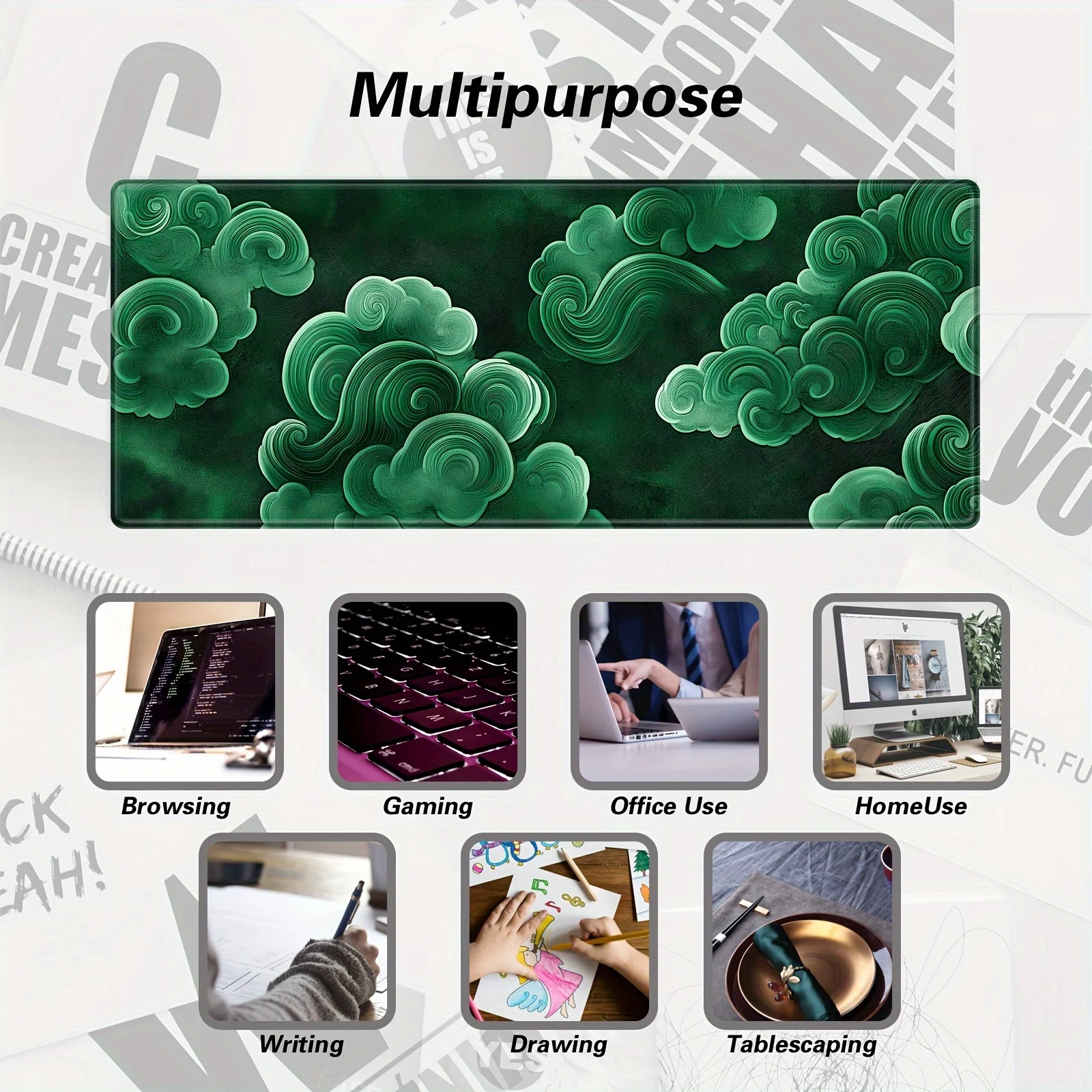 Oversized Gaming Mouse Pad, Non-slip Rubber Base, Stitched Edges, with Green Cloud Pattern, Suitable for Work and Gaming