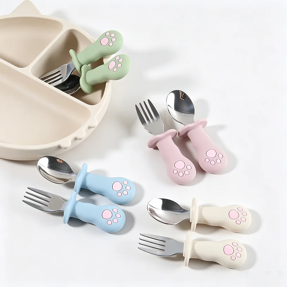 2pcs Cat Paw Baby Fork & Spoon Set, Silicone Handle Stainless Steel Toddler Self-Feeding Training Cutlery