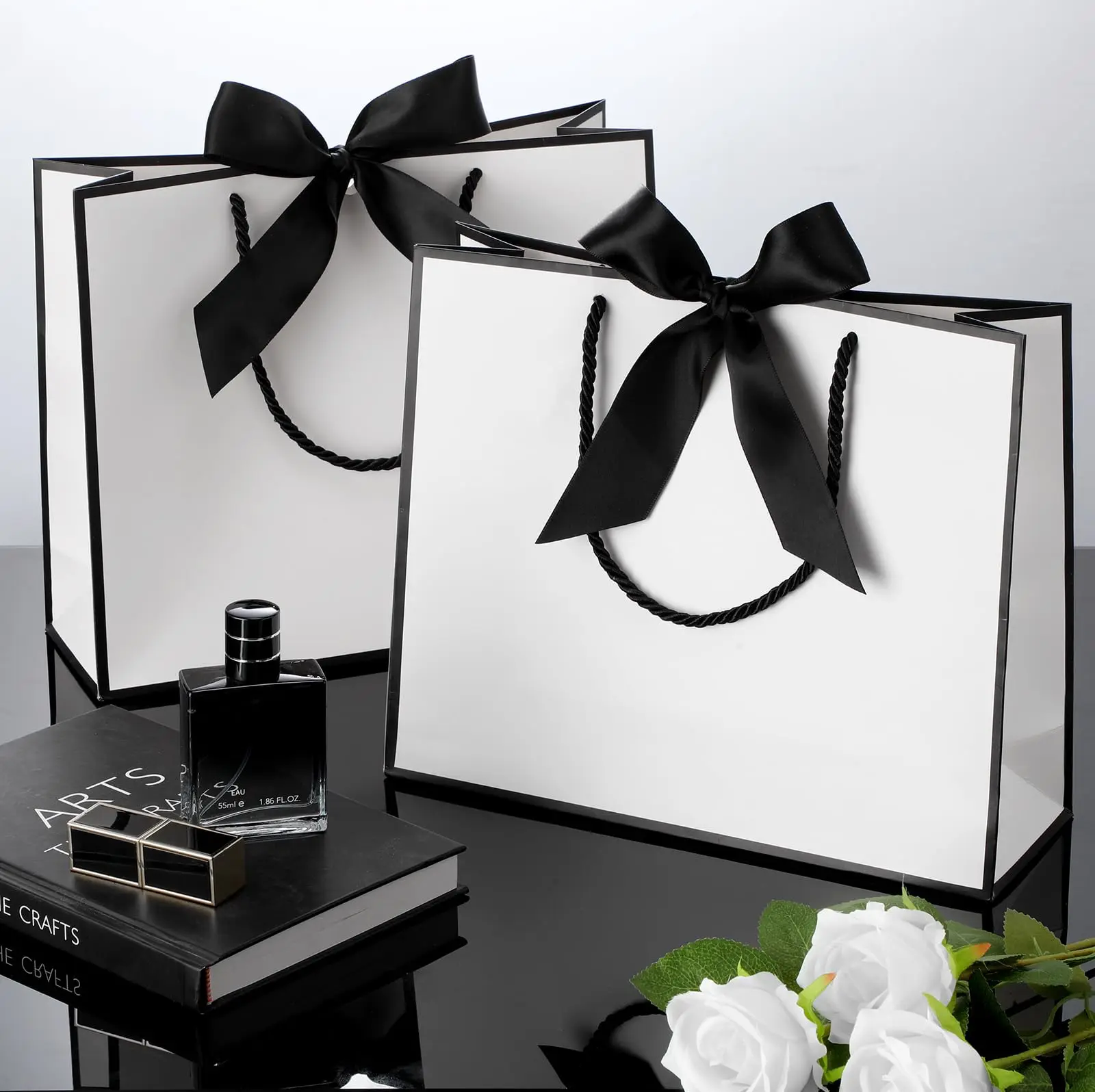 5 Stück Dankeschön-Papiertüten mit Griffen Geschenkverpackungstaschen mit Schleifenband für Hochzeit Babyparty Geburtstag Weihnachtsfeier – Detail 8