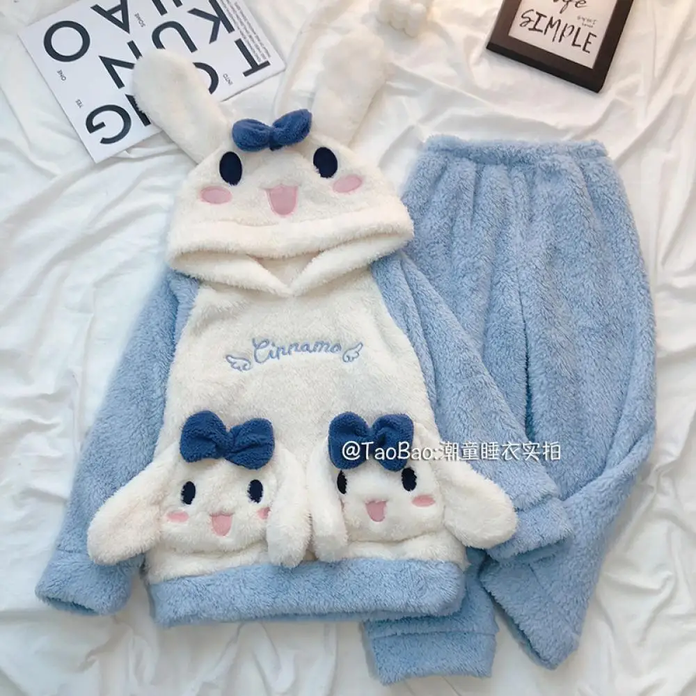 2Pcs Cinnamoroll Plush Pajamas Suit Sanrioed Anime Kawaii Kuromi Coral Fleece Hooded Homewear Winter Thickened Nightgown Pants