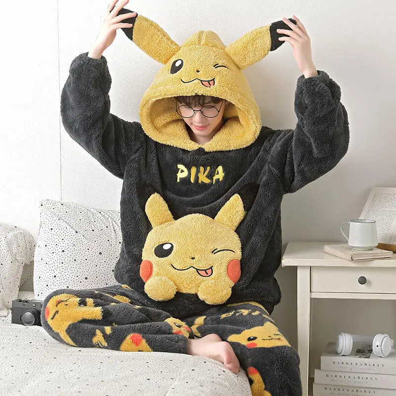 Мужские пижамы с рисунком Покемон Пикачу Снорлакс Генгар, зимние толстые теплые домашние костюмы с капюшоном, комплект праздничного подарка другу