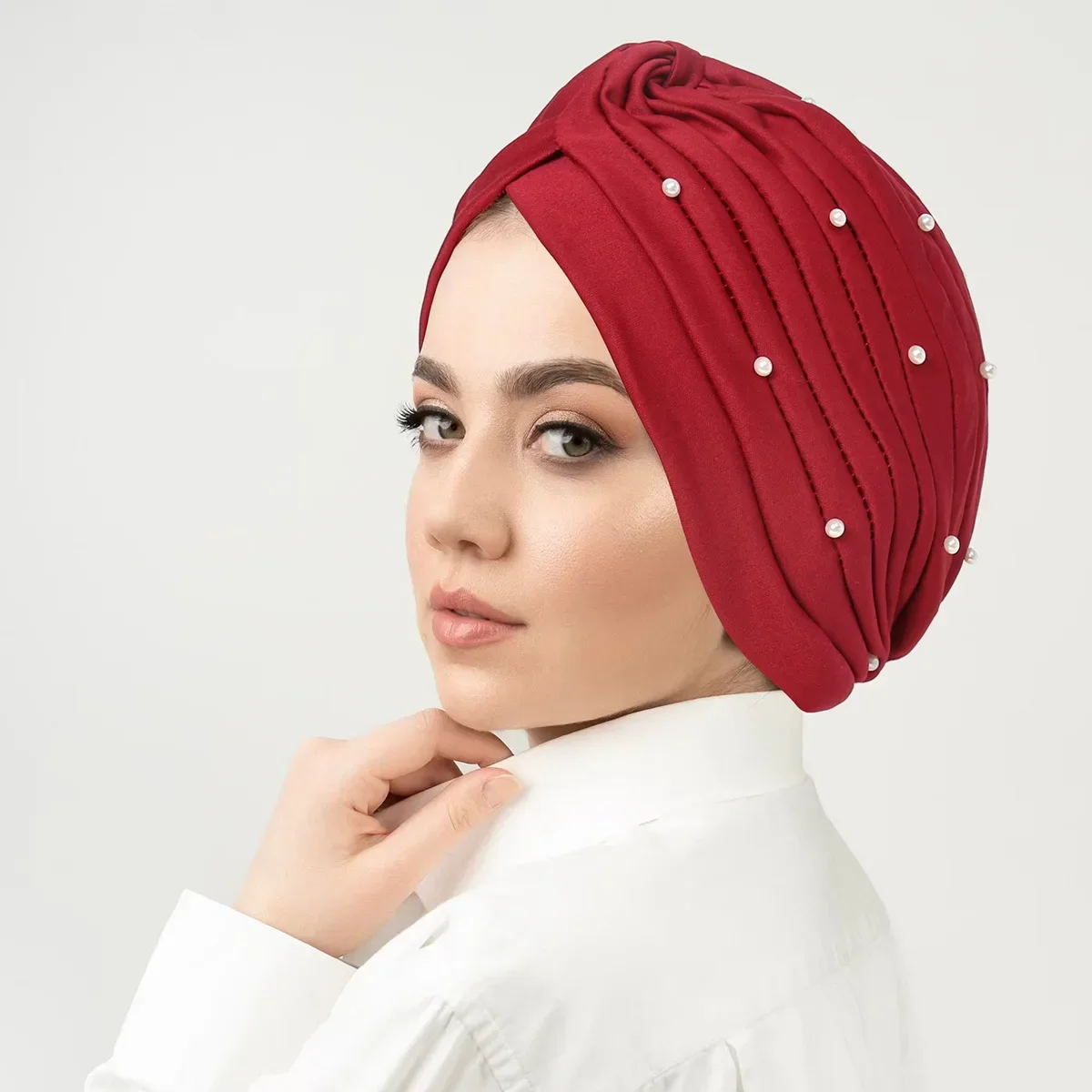 

New Knotted Ruffle Turban Soft Headscarf Bonnet Women Muslim Hijab Indian Hat Cancer Chemo Cap Beaded Headwrap Turbante Mujer