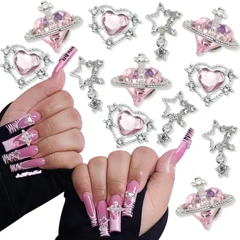 15PCS Nail Art Charms Crystal Heart Nail Charms Pink Shiny Planet Charms 3D Alloy Star Nail Charm Shiny Flatback Diamond Nail