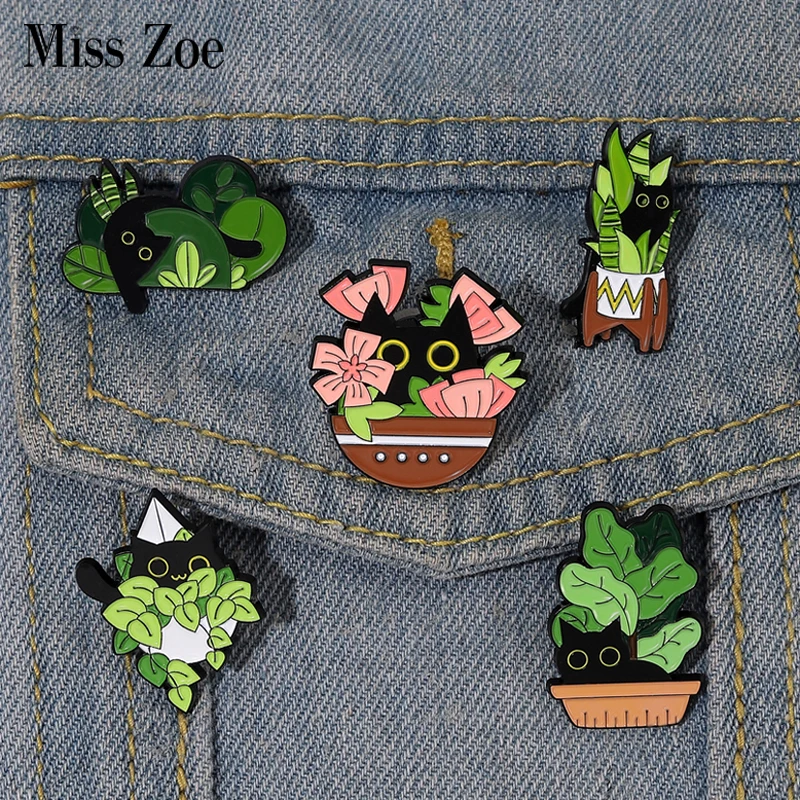 Broches en émail pour chats dans des plantes, broches personnalisées pour plantes en pot de chat noir, Badges à revers, bijoux amusants pour plantes d'animaux, cadeau pour enfants et amis