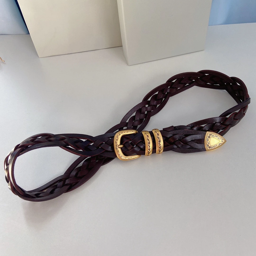 

High-end Master Hand-woven Top-layer Cowhide Belt Western Cowboy Style Narrow Belt for Women'S Genuine Leather Belt Pin Buckle