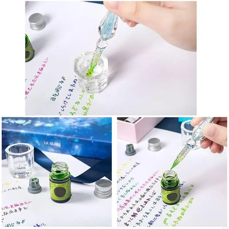 W89C 15 pezzi Crystal Glass Reg Reput Set Glitter Dip Pen con inchiostro a 12 colori per bambino