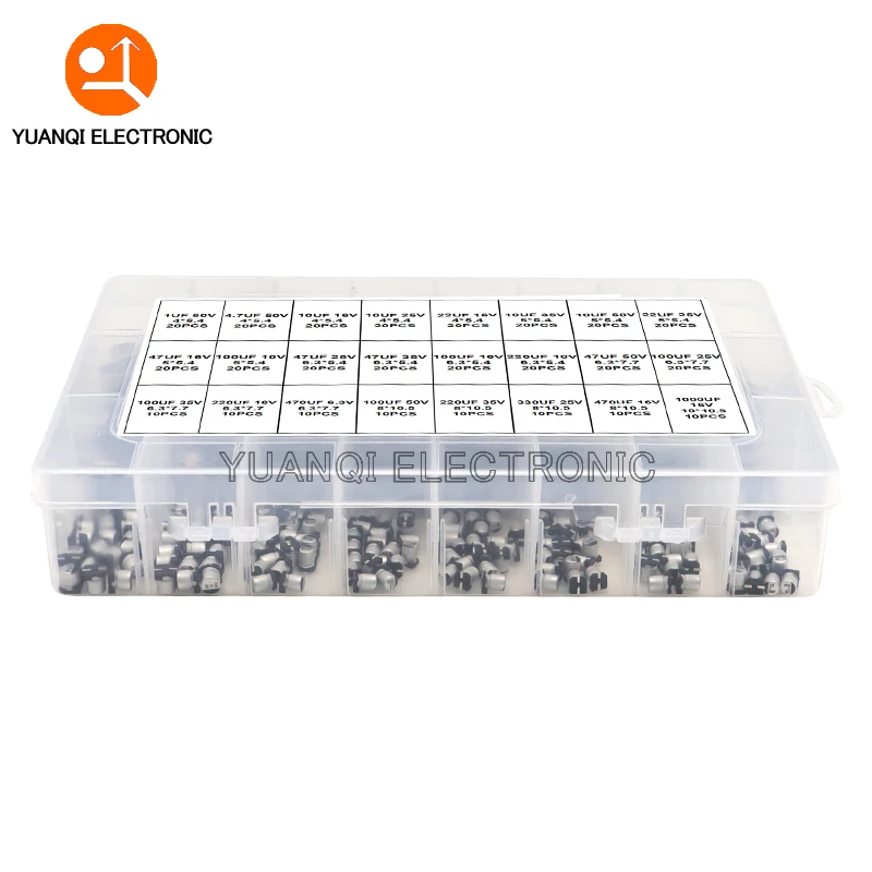 

400pcs SMD Aluminum Electrolytic Capacitor Assortment Kit 24Values 1UF-1000UF 6.3V-50V Capacitance Sample Set with box