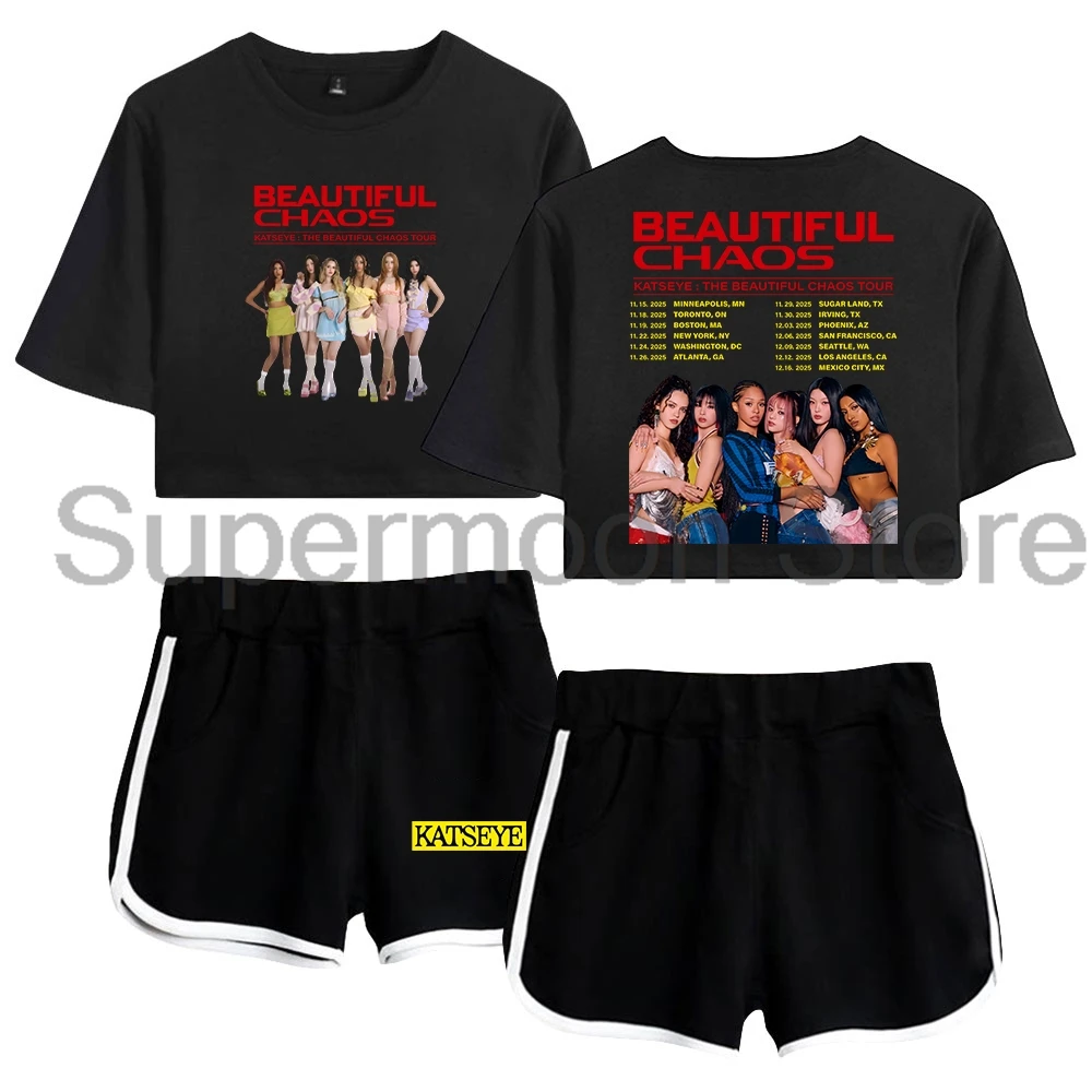 Kpop Katseye The Beautiful Chaos Tour 2025 Merch Short Sleeve Crop Top+Shorts Two Piece Sets Women's Top Sets