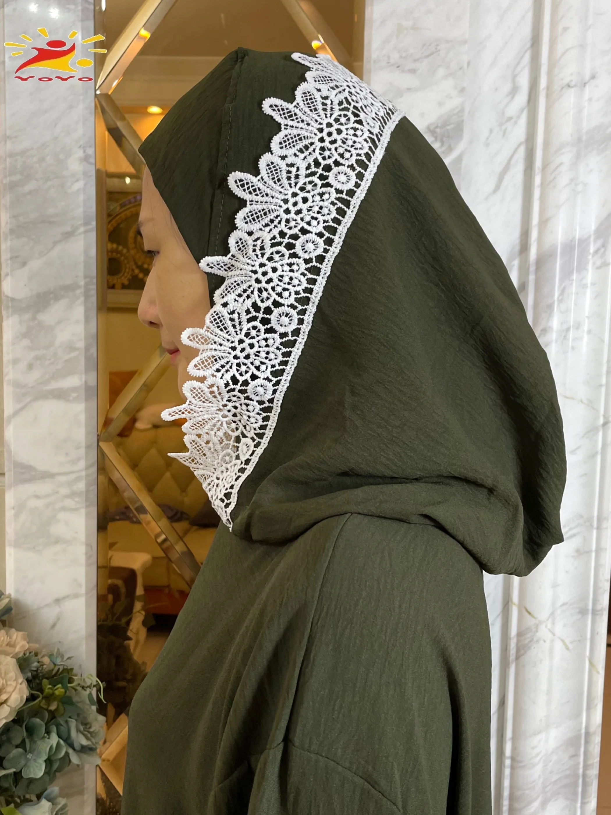 Muslim Two Lace Hats Dress Vestidos Eid Mubarek Abaya Women Fashion Long Robe Islamic Clothing Ice Silk Zou Fabric Long Sleeve