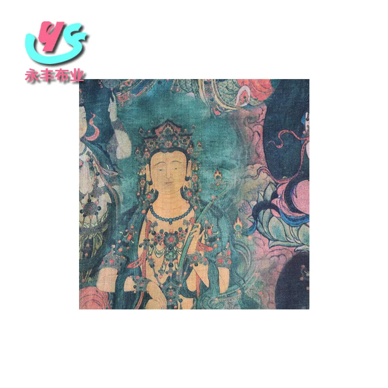 Buddhist illustration100% Ramie Cloth Printed Fabric For Dresses Robe Summer Thin linen fabric  wholesale linen fabric