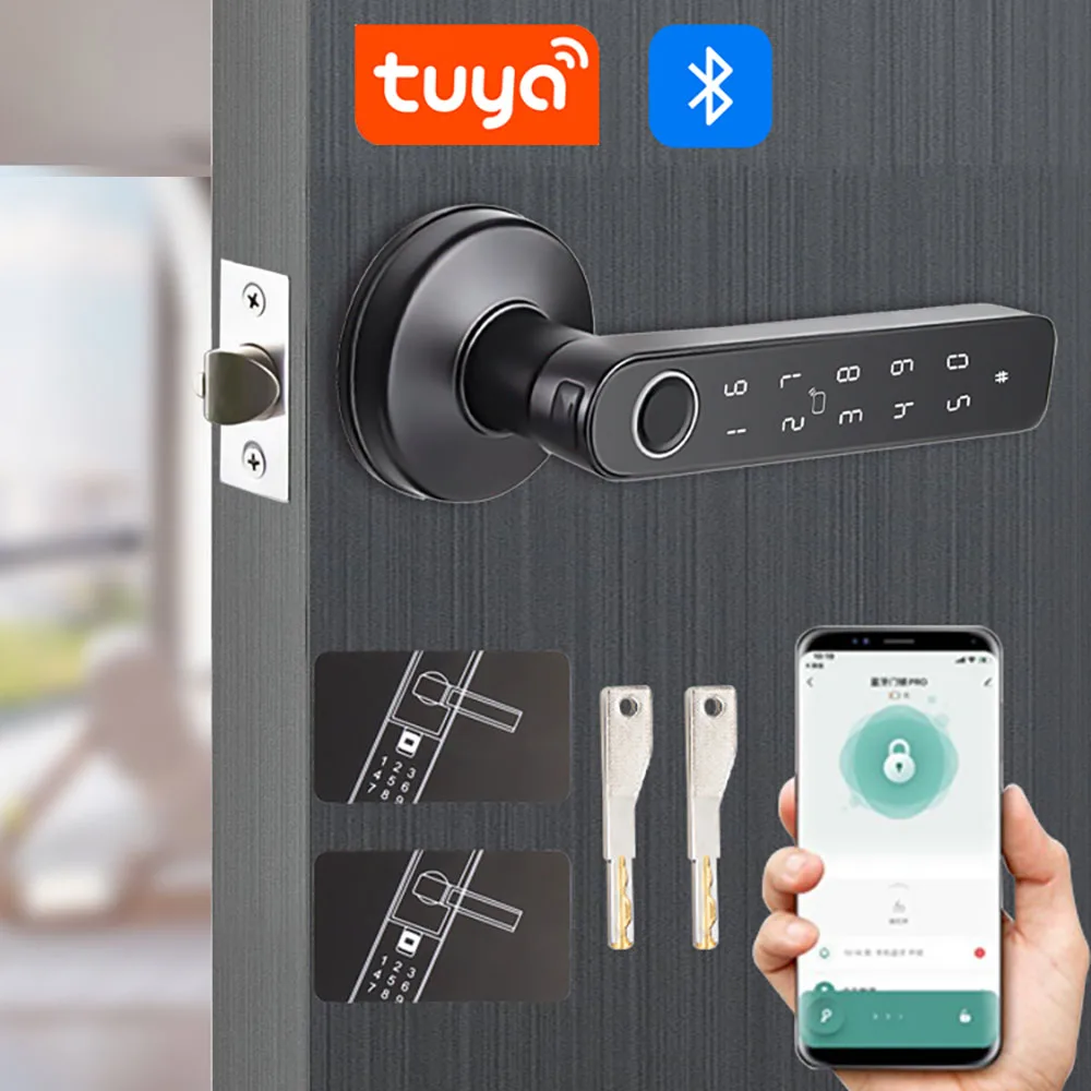

Tuya Bluetooth умный дверной замок с отпечатками пальцев ручка цифровой электронный замок с паролем/ключом/IC-картой/разблокировка приложения Tuya водонепроницаемый Q50