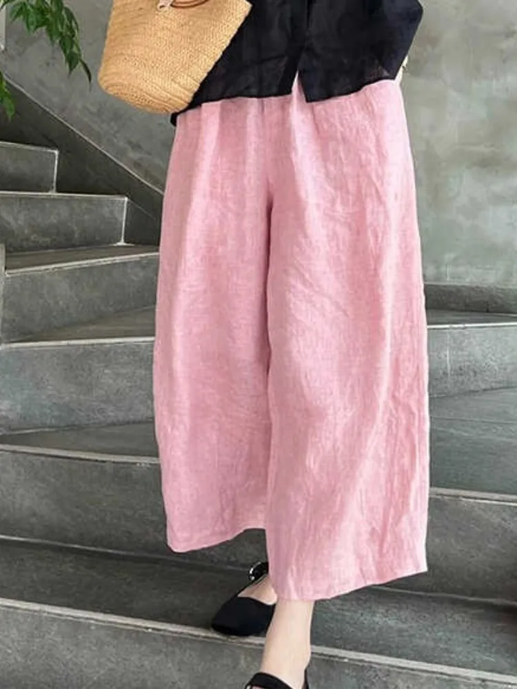 ฤดูร้อนชุดผ้าลินินผ้าฝ้ายผู้หญิง Bla Svel irt Anti-Aging สีชมพูกางเกงขากว้างผ้าลินิน 2 ชิ้นบาง Faion ชุด