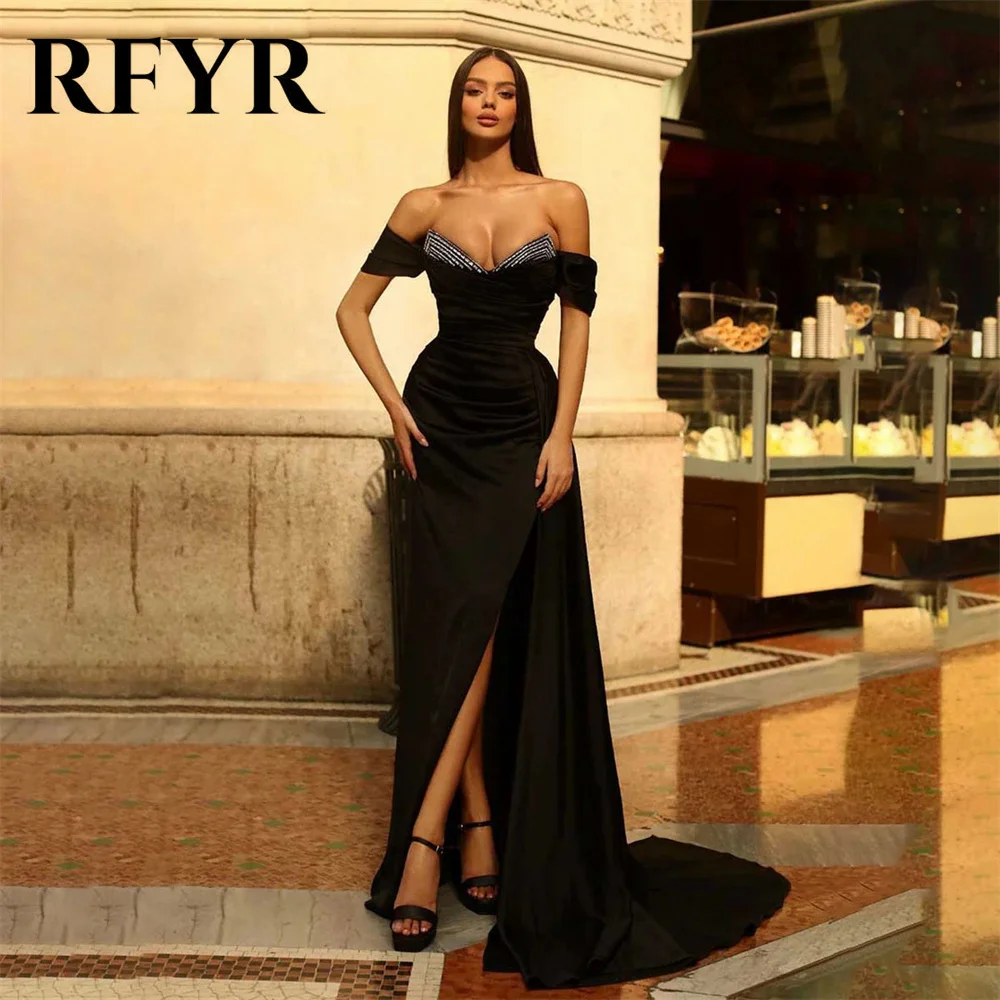 

RFYR Off the Shoulder Party Dresses Beading Sexy V Neck Black Prom Dresses Side Split Evening Dress Stain Sweep Train فستان سهرة