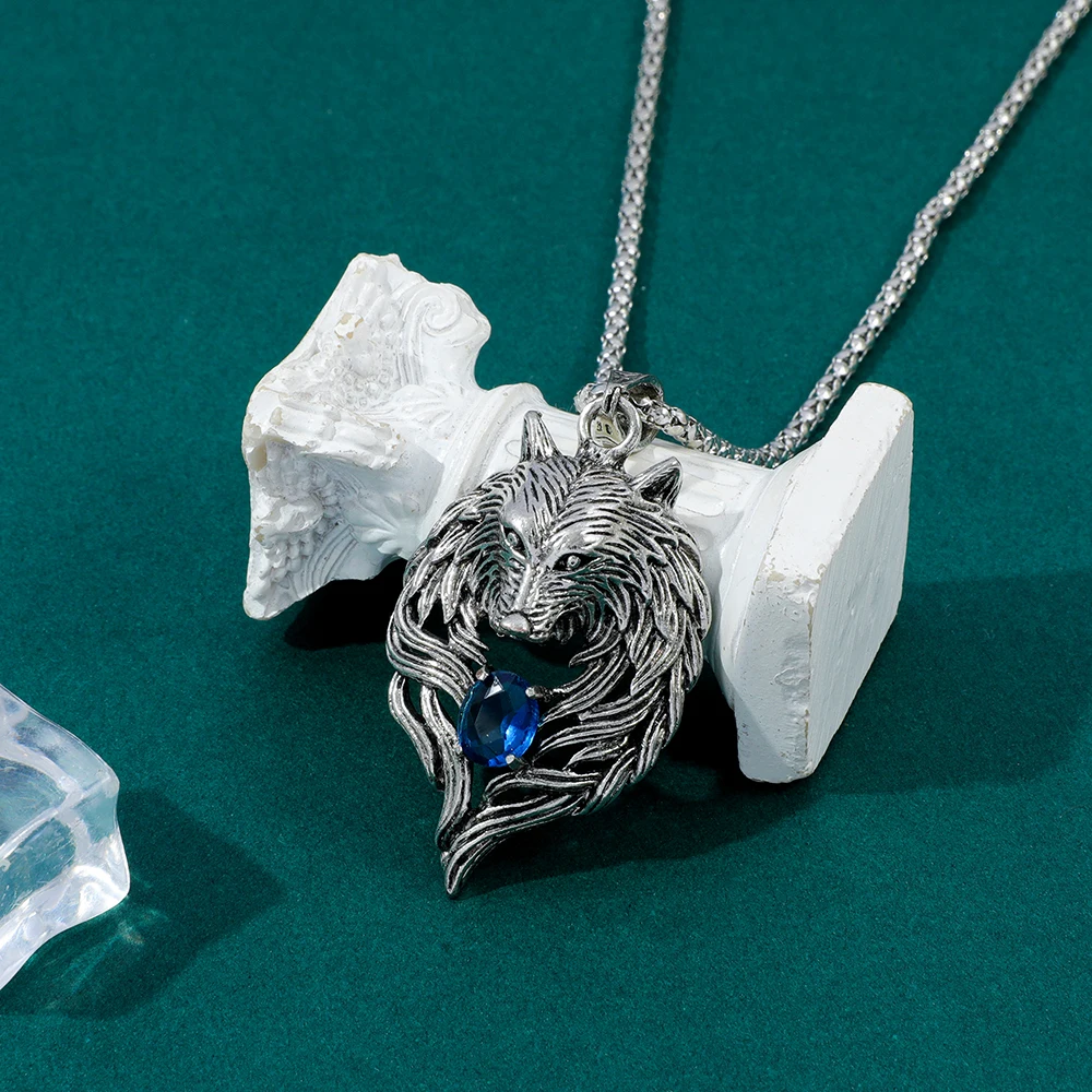 قلادة رأس الأسد باللون الفضي مع لهجات الزركون الأزرق، إكسسوار رائع إبداعي للنساء والرجال، هدية عصرية