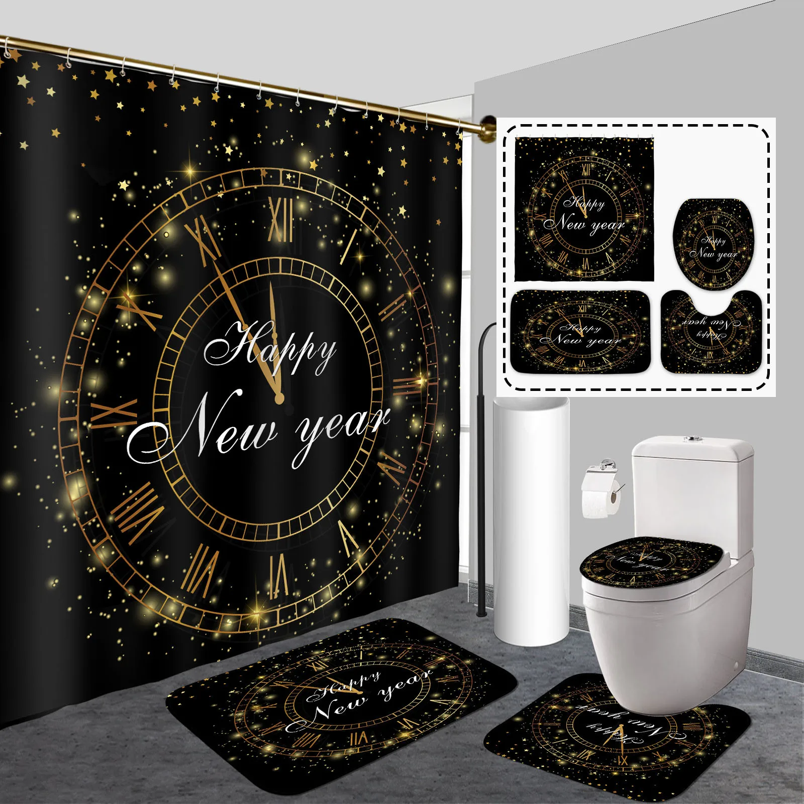 

Новогодний набор из 4 предметов для ванной комнаты - занавеска для душа с фейерверком и крючками, нескользящим ковриком и чехлом на сиденье унитаза для праздничного украшения