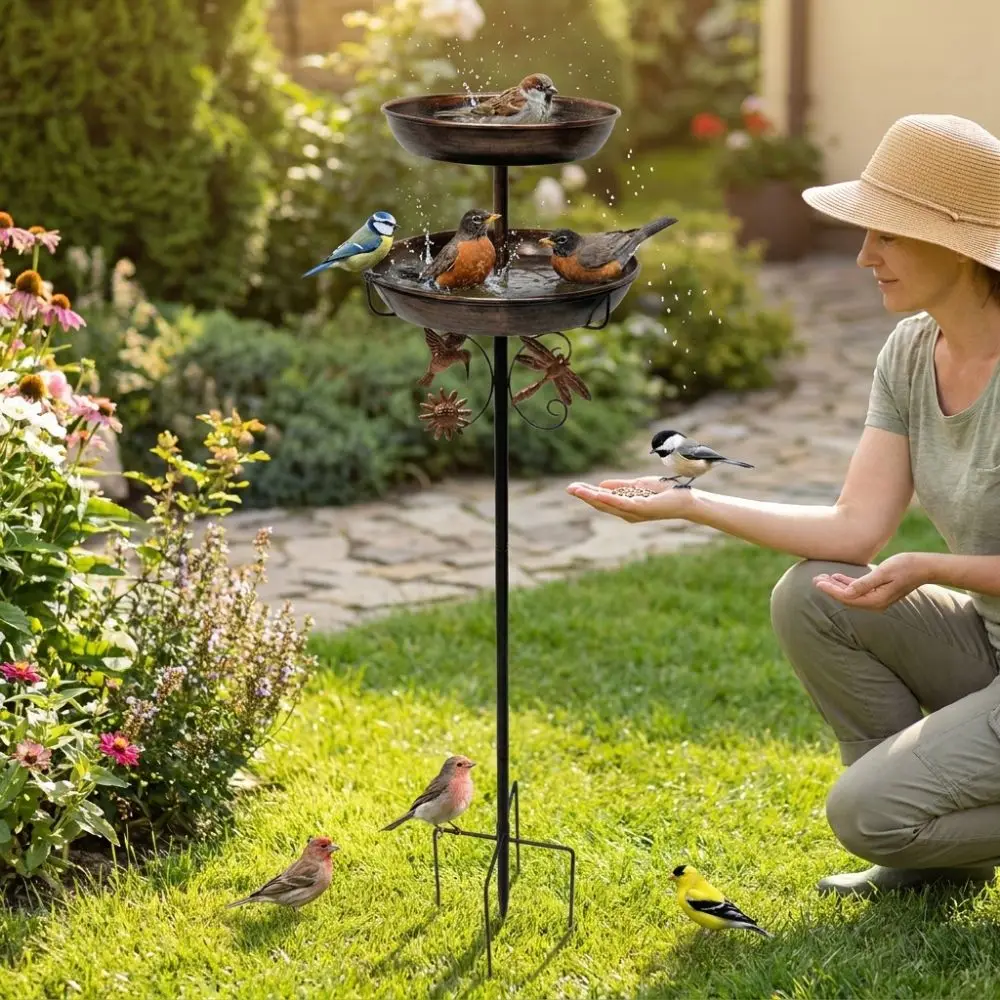 double-layer-metal-garden-birdbath-sturdy-vintage-standing-iron-bird-bath-feeder-5-pronged-base-rust-proof-bird-feeding-station