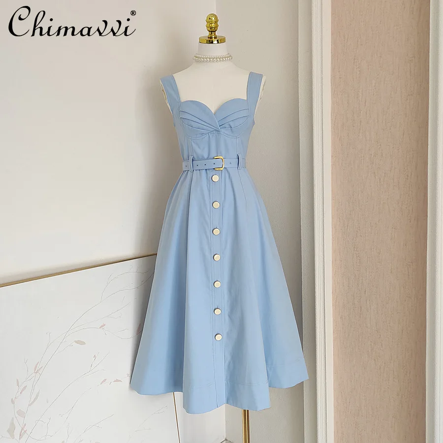 

French Elegance Temperament V-neck Sleeveless Single-breasted High-waisted Belt Slim Simple Solid Color A-line Long Dress Women