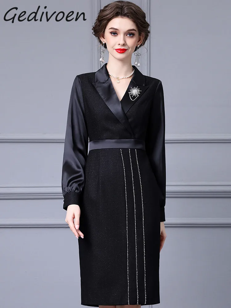 

Gedivoen Autumn Fashion Designer Black Vintage Party Dress Women Lantern Sleeve Brooch Beading High Waist Slim A-LINE Long Dress