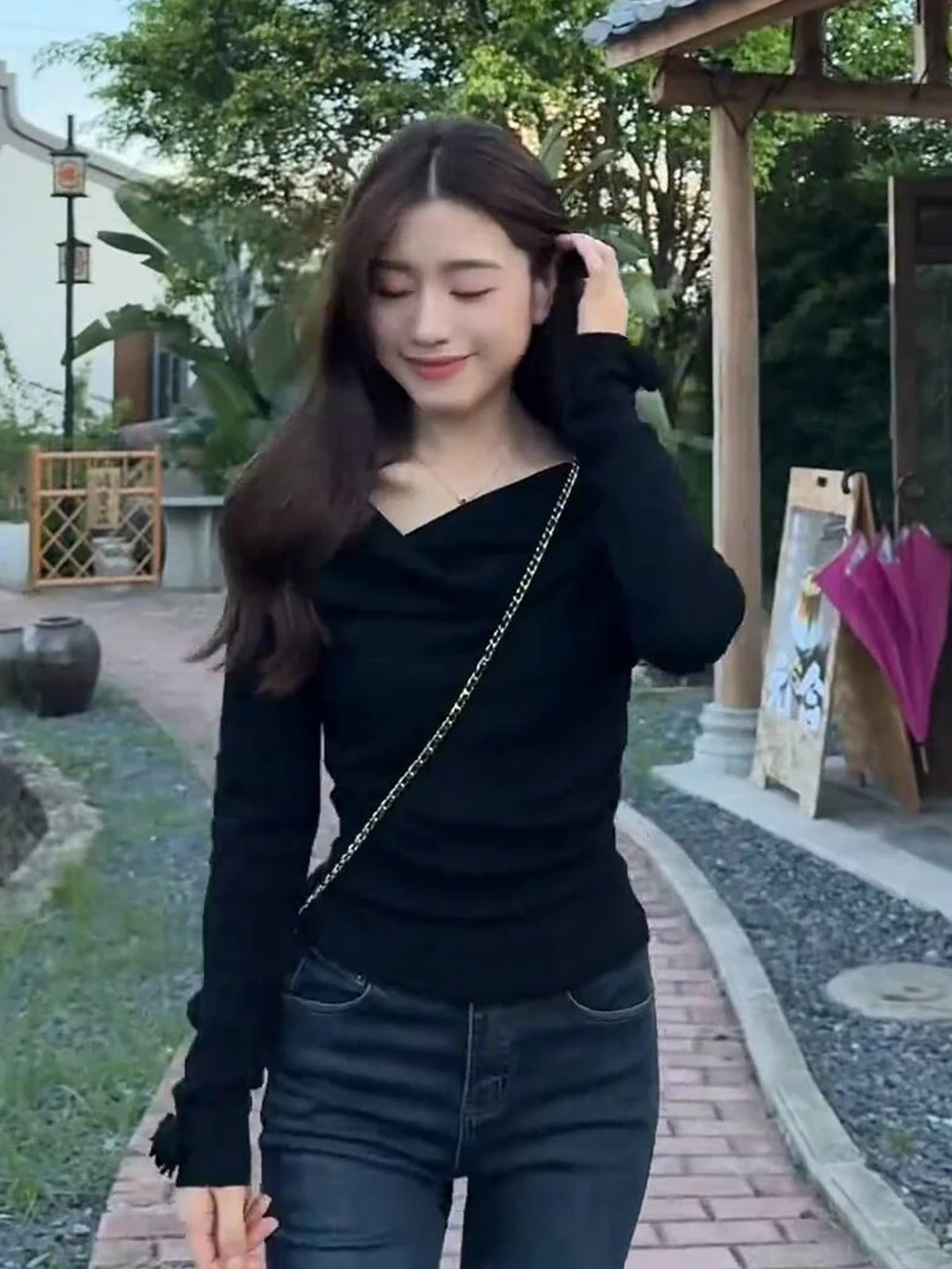 

Korean Style Long Sleeve One Shoulder T-Shirt Women's Early Autumn Slim Fit Spicy Girl Diagonal Shoulder Base Shirt Inner Wea...