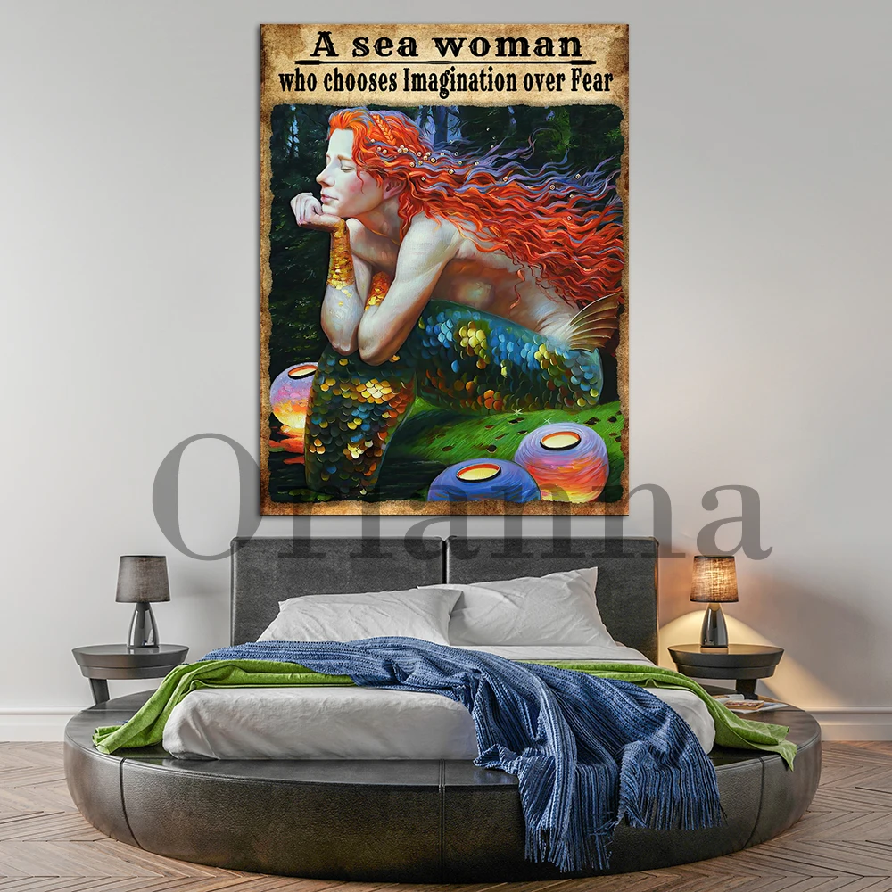 Mermaid A Sea Woman Who Choose Imagination Over Fear Canvas Painting, Loved Mermaid Vintage Poster,Print Home Decor Wall Art