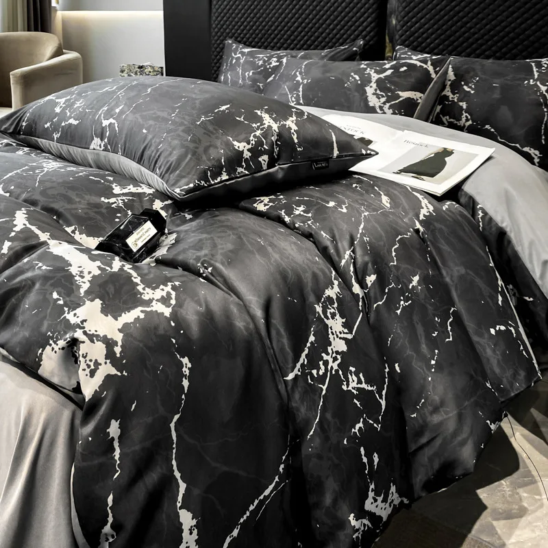 Luxury Marble Print Bedding Set Summer Faux Ice Silk Breathable Bedclothes High-End Skin-Friendly Colorfast Home Decoration